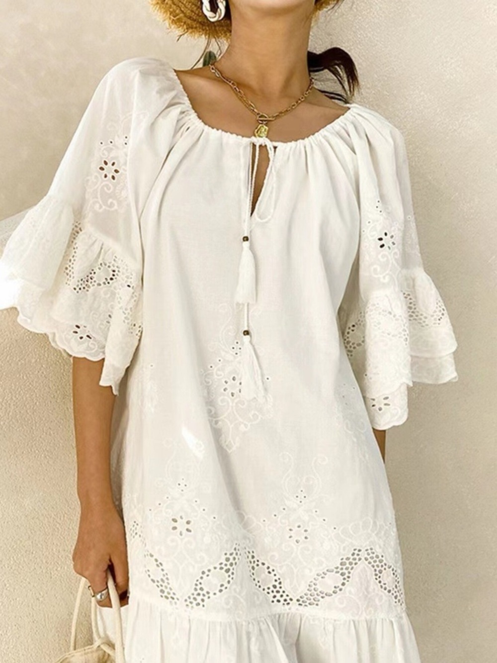 ♥️Hello Gorgeous! Eyelet Embroidered Tassel Tie Neck Dress